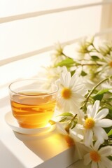 Obraz na płótnie Canvas cup of jasmine tea and flowers on light background. AI Generated
