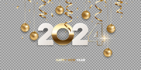 Happy new year 2024. White paper and golden numbers with Christmas decoration and confetti, isolated on transparent background. Holiday greeting card design. - obrazy, fototapety, plakaty