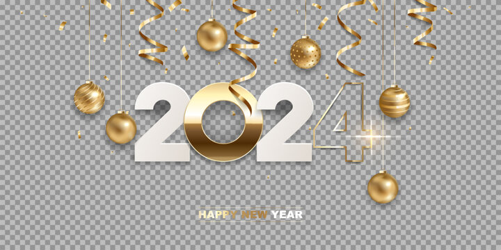 Happy new year 2024. White paper and golden numbers with Christmas decoration and confetti, isolated on transparent background. Holiday greeting card design.