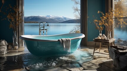 Bathroom overlooking the tropical beach. A bright blue bathtub installed on a floor that imitates the seabed with stones and clear water. Concept: hygiene, relaxation
