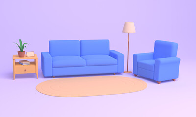 Living room with furniture. Cozy interior with sofa and armchair, bedside table in the living room. 3d rendering