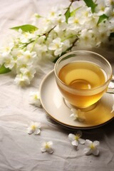 Obraz na płótnie Canvas cup of jasmine tea and flowers on light background. AI Generated