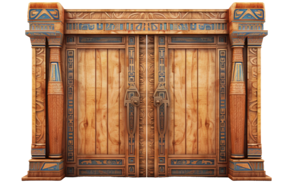 Egyptian Enigma Door in Wooden Finishing on a Clear Surface or PNG Transparent Background.