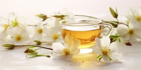 cup of jasmine tea and flowers on light background. AI Generated