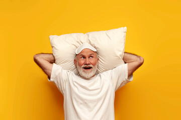 old bald grandfather in pajamas and sleep mask lies on pillow and imagines on yellow isolated background - obrazy, fototapety, plakaty