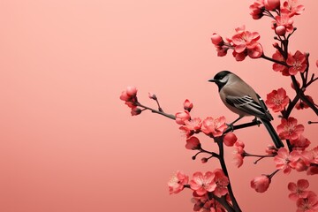 Fototapeta premium Simple and minimalist abstract multi-colored bird on a branch and flowers. Modern wallpaper. Generative AI, AI