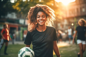 Young afro woman with her curly hair, soccer player, smiling and happy, holding soccer ball in park.