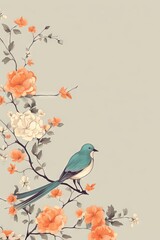 Fototapeta premium Simple and minimalist abstract multi-colored bird on a branch and flowers. Modern wallpaper. Generative AI, AI