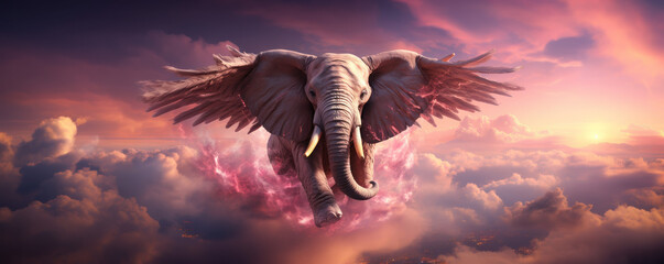 un éléphant rose en train de voler dans le ciel au dessus des nuages - obrazy, fototapety, plakaty