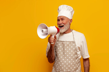old grandfather chef in apron and hat announces and shouts information loudly into megaphone