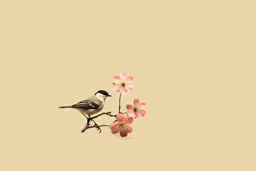 Simple and minimalist abstract multi-colored bird on a branch and flowers. Modern wallpaper. Generative AI, AI