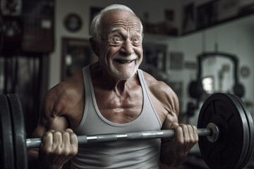 Muscular bodybuilder. Fitness man at workout. Elderly pensioner old man smiling in gym. 60-70 Year Old Bodybuilder. Funny old grandfather in gym. Pensioner with smile lifts weight in sports club. - obrazy, fototapety, plakaty