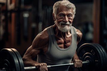 Muscular bodybuilder. Fitness man at workout. Elderly pensioner old man smiling in gym. 60-70 Year Old Bodybuilder. Funny old grandfather in gym. Pensioner with smile lifts weight in sports club. - obrazy, fototapety, plakaty