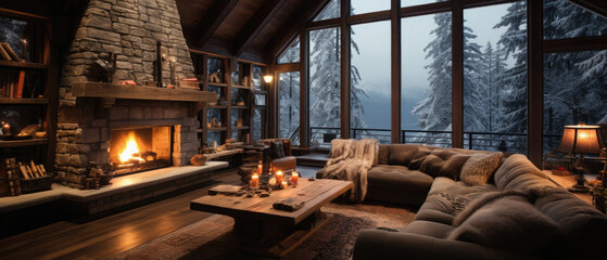 Cozy living room with fireplace, sofa and bookshelves in winter. - obrazy, fototapety, plakaty