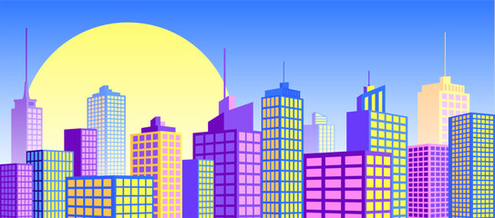 Naklejka premium Panorama of a big city in flat style. Colorful vector illustration of a big city with tall houses and skyscrapers.