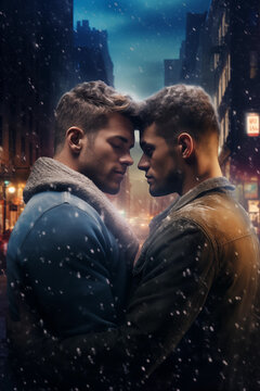 Gay male couple embracing - Christmas winter season - Movie poster cinematic style - City urban night lights