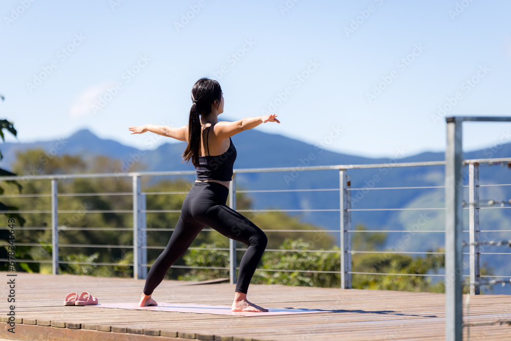 Sticker sport woman do yoga on mountain