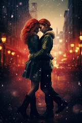 Obraz premium Lesbian female couple embracing - Christmas winter season - Movie poster cinematic style - urban city background