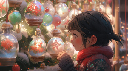 The child is looking at Christmas tree ornaments. AI Generated