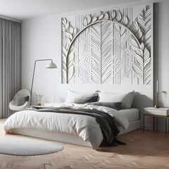 A bedroom with a minimalist bed frame and a statement headboard.