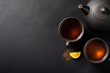 Chinese Tea - Hot Teapot And Teacups On dark background. AI Generated