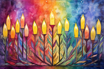 Menorah Brilliance: A watercolor painting featuring a beautifully lit menorah surrounded by glowing candles and shimmering hues - obrazy, fototapety, plakaty