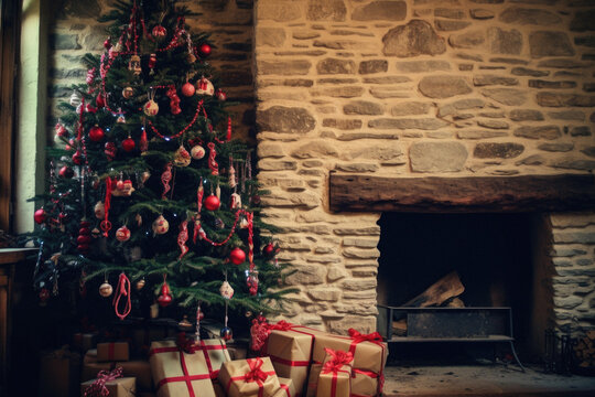 Christmas tree with presents in front of fireplace. Filtered image processed vintage effect.