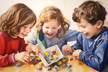 Naklejka premium Children Playing Dreidel: A heartwarming watercolor depiction of children playing dreidel, capturing the joy and excitement of the holiday