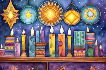 Hanukkah Greeting Card Design: A watercolor painting designed for a Hanukkah greeting card, featuring festive symbols and warm wishes
