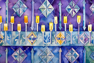 Hanukkah Patterned Background: An intricate watercolor pattern with menorahs, dreidels, and Stars of David creating a cohesive Hanukkah background