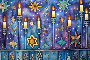 Hanukkah Patterned Background: An intricate watercolor pattern with menorahs, dreidels, and Stars of David creating a cohesive Hanukkah background
