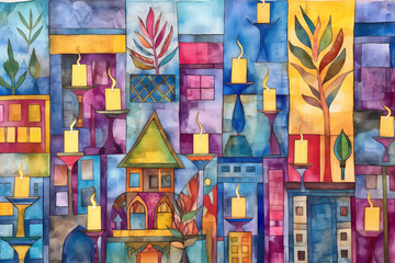 Hanukkah Traditions Collage: A collage-style watercolor painting incorporating various Hanukkah traditions and symbols - obrazy, fototapety, plakaty