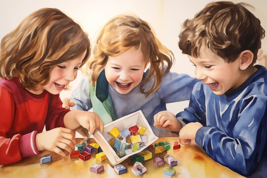 Children Playing Dreidel: A heartwarming watercolor depiction of children playing dreidel, capturing the joy and excitement of the holiday