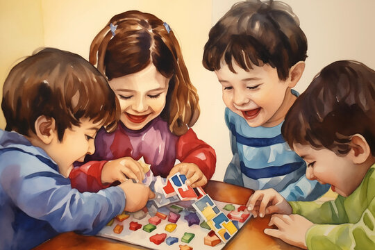 Children Playing Dreidel: A heartwarming watercolor depiction of children playing dreidel, capturing the joy and excitement of the holiday