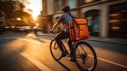 food delivery cyclist is captured mid-motion, riding a sleek electric bike adorned with colorful food delivery bags.Delivery on bicycle in city