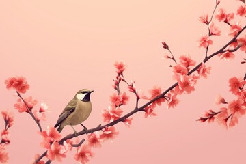 Minimalist and simple abstract multicolored bird on a branch and flowers. Modern wallpaper. Generative AI, AI