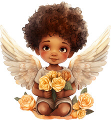 African American angel with wings Baby Angel Valentine love illustration - obrazy, fototapety, plakaty