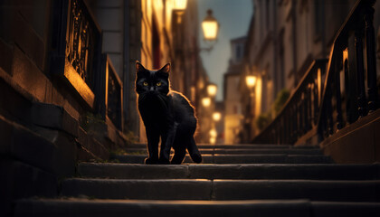 un chat noir dans un escalier, le soir, dans une ville éclairée par des lampadaires, mauvais présage ? - obrazy, fototapety, plakaty