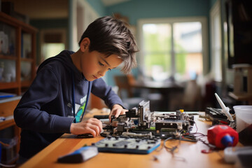 Young boy intently assembling robot from electronic parts on wooden table, showcasing creativity