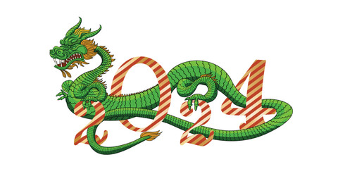 Green tree dragon with numbers 2024 .Vector illustration.