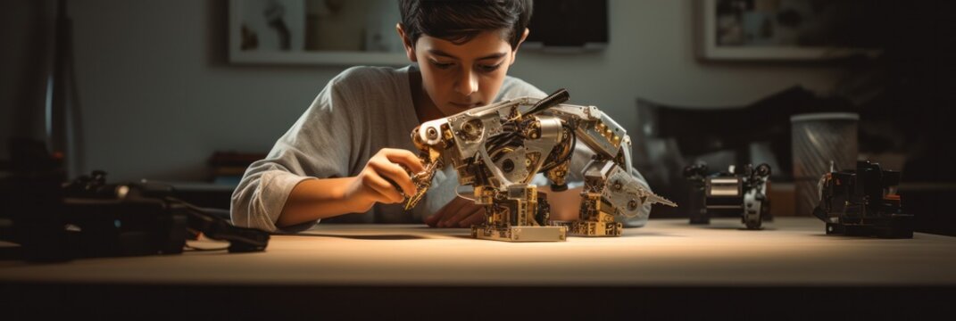 Young boy assembles robot in home workshop with intense focus.