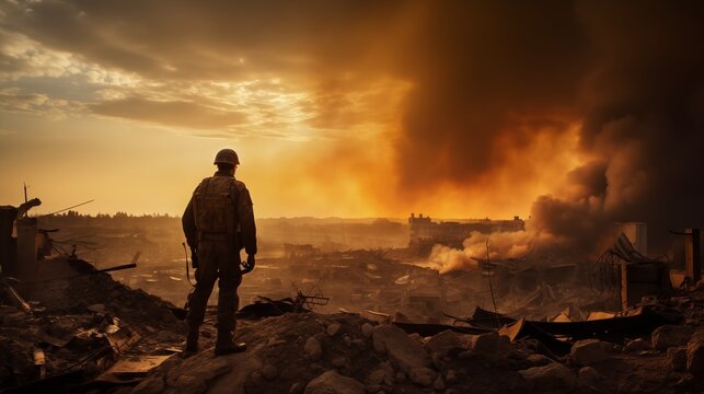 The scene depicts a war-torn landscape with billowing smoke, rubble-strewn streets, and a lone soldier standing amidst the destruction, bathed in the warm, golden light of the setting sun