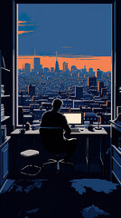 Vector Of Writer In His Apartment Flat Overlooking The City Skyline- Generative Ai
