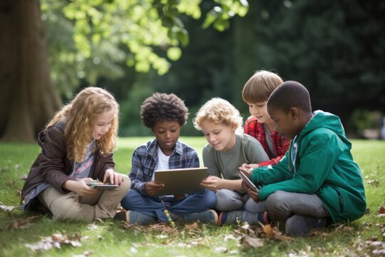 Diverse group of children sitting on grass, deeply engrossed in tablets and phones, in park setting