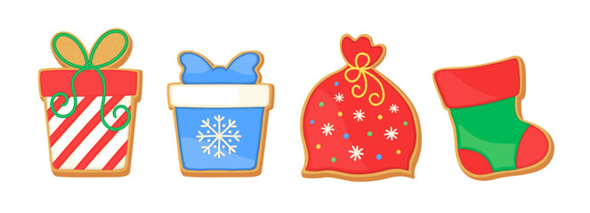 Sugar cookies Christmas vector illustration. Gingerbread gift box, Santa bag, christmas present, cute sock cookie shapes. Cartoon sweet food icons isolated. Home bakery clipart for Xmas projects.