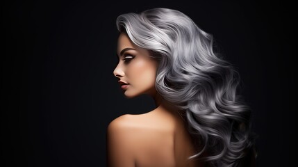 Fototapeta premium Gray allure! Witness a model showcasing her gray-colored hair from the back, a display of elegance and the latest hair fashion trend