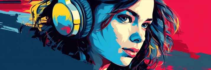 Poster digital portrait banner of a woman with headphones, striking contrast and splash of vibrant colors © olga_demina