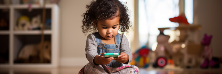 Curly-haired toddler focused on a smartphone in a sunny playroom with a blurred background of toys