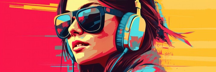 art portrait of a beautiful woman immersed in music through headphones, featuring design bright - obrazy, fototapety, plakaty