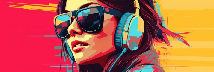 Zelfklevend Fotobehang art portrait of a beautiful woman immersed in music through headphones, featuring design bright © olga_demina